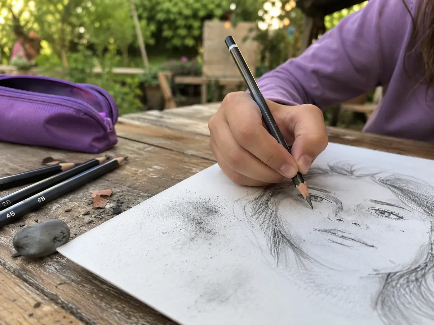 Karakalem çizim çalışması, bahçede — BADU CRAFT STUDIO Silivri